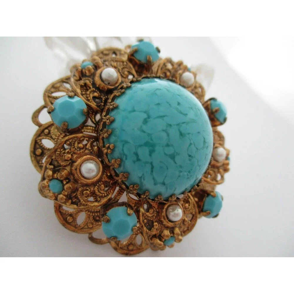 Vintage West  Germany Gold Filigree Turquoise Blue  Pearl Brooch Pin